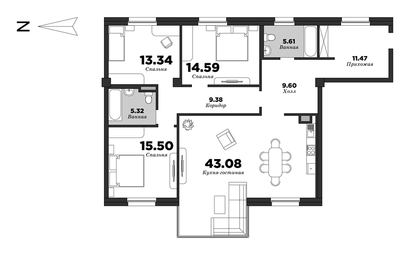 NEVA HAUS, Корпус 1, 3 спальни, 127.89 м² | планировка элитных квартир Санкт-Петербурга | М16